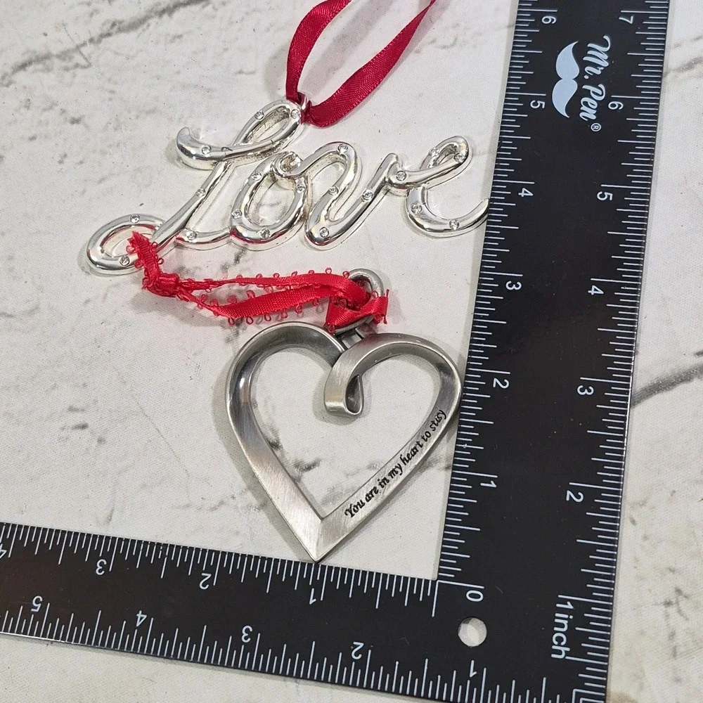 Ganz Pewter Heart Ribbon Ornament Kindness & Cursive Silver Tone Love Lot Of 2‎